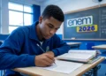 Estudante escreve em sala de aula durante preparação para interpretação de textos no Enem 2026.