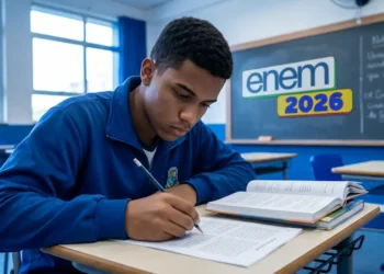 Estudante escreve em sala de aula durante preparação para interpretação de textos no Enem 2026.