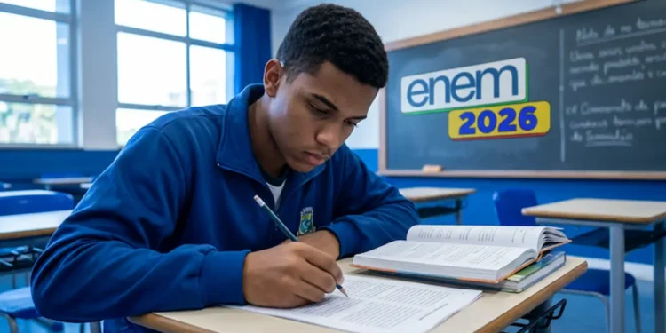 Estudante escreve em sala de aula durante preparação para interpretação de textos no Enem 2026.