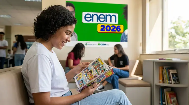 Estudante lê material de estudo sobre gêneros textuais para o Enem 2026.