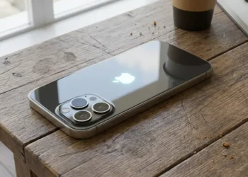 iPhone sobre mesa de madeira, ilustrando modelos compatíveis com o iOS 27.