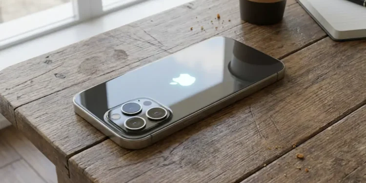 iPhone sobre mesa de madeira, ilustrando modelos compatíveis com o iOS 27.