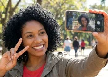 Mulher sorrindo fazendo selfie com iPhone em parque ao ar livre.