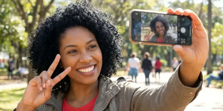 Mulher sorrindo fazendo selfie com iPhone em parque ao ar livre.