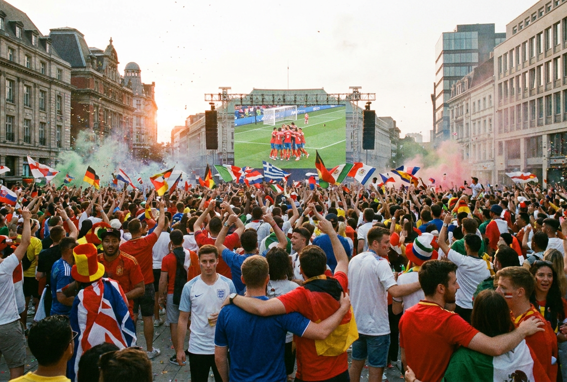 Torcedores reunidos em praça assistem a jogo da Copa do Mundo em telão