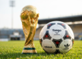 Taça da Copa do Mundo ao lado de uma bola de futebol no gramado