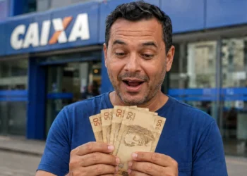 Brasileiro segurando notas de real em frente a uma agência da Caixa, representando a liberação de saque de R$ 6.220.