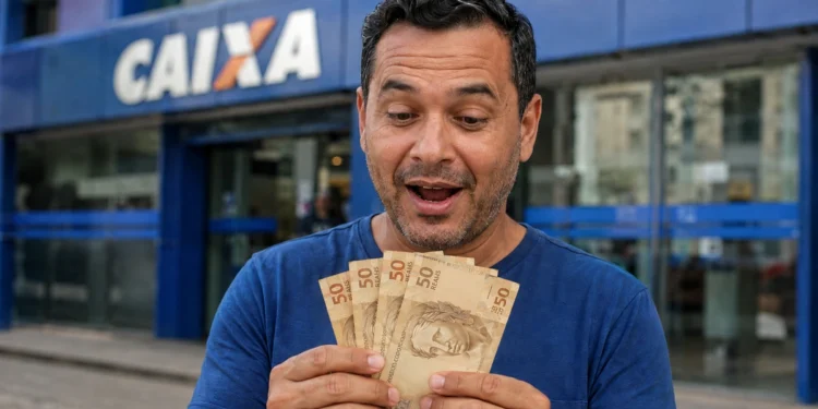 Brasileiro segurando notas de real em frente a uma agência da Caixa, representando a liberação de saque de R$ 6.220.