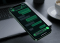 Celular exibindo conversa no WhatsApp com tema escuro, flutuando sobre notebook e xícara de café.