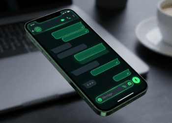 Celular exibindo conversa no WhatsApp com tema escuro, flutuando sobre notebook e xícara de café.