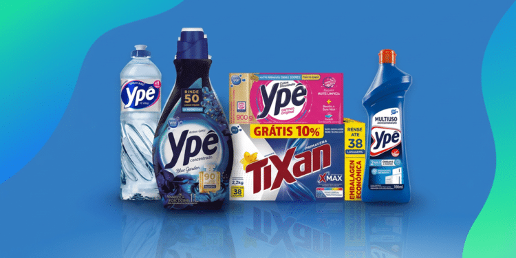 Linha de produtos de limpeza Ypê com detergente, amaciante, sabão Tixan e multiuso