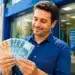Homem olhando para notas de reais com expressão levemente feliz em frente a uma agência bancária, representando a liberação de até R$ 4.521 pelo PIS/Pasep em junho.