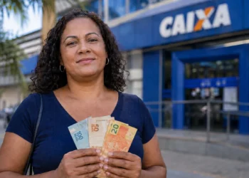 Mulher segura cédulas de real em frente a uma agência da CAIXA, representando a liberação do saque de R$ 6.220.