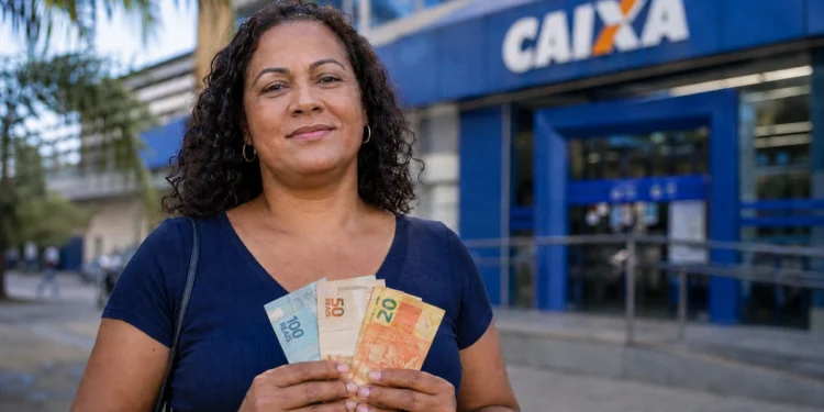 Mulher segura cédulas de real em frente a uma agência da CAIXA, representando a liberação do saque de R$ 6.220.