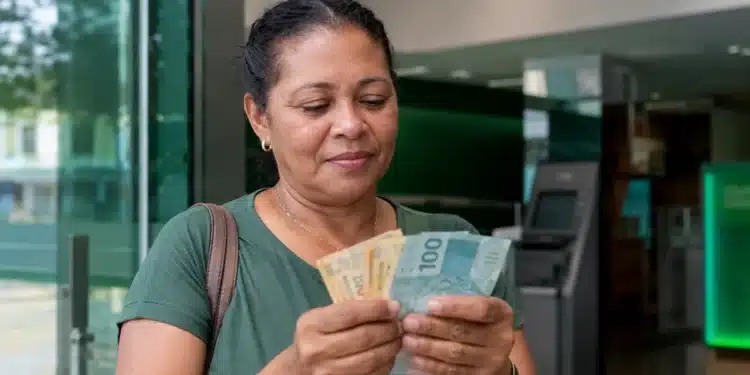 Mulher em agência bancária observa cédulas de reais com expressão de atenção, representando os pagamentos de R$ 946, R$ 1.351 e R$ 1.621 do PIS/Pasep.