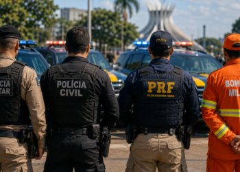 Policiais e bombeiro militar de costas em frente a viaturas, representando votação sobre idade máxima em concursos públicos.