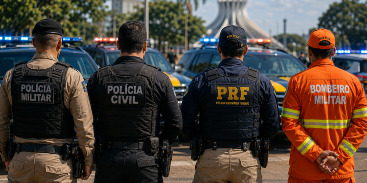 Policiais e bombeiro militar de costas em frente a viaturas, representando votação sobre idade máxima em concursos públicos.