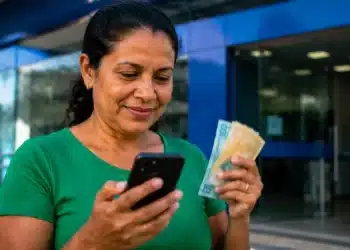 Mulher consulta o celular enquanto segura notas de real em frente a uma agência bancária, representando o pagamento do lote especial do Imposto de Renda via Pix.
