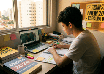 Jovem estuda para o ENEM 2026, fazendo anotações enquanto assiste videoaula no notebook, cercado de livros e apostilas.