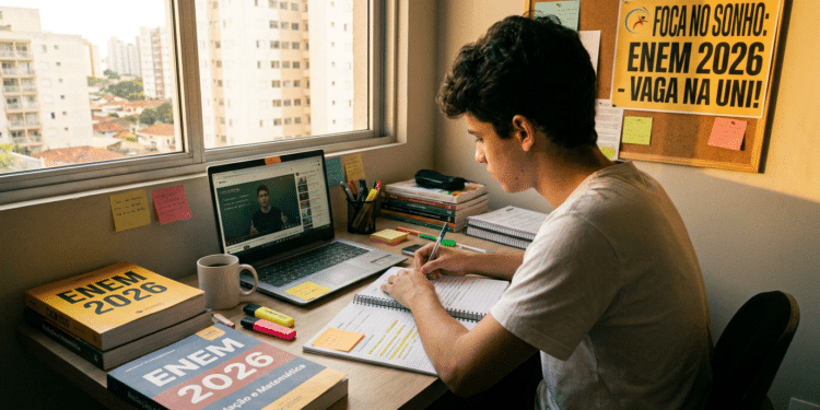 Jovem estuda para o ENEM 2026, fazendo anotações enquanto assiste videoaula no notebook, cercado de livros e apostilas.