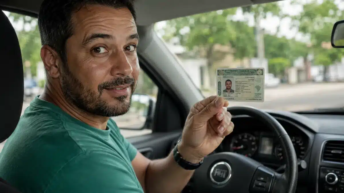 Motorista brasileiro mostrando a CNH dentro do carro, representando a satisfação com a renovação automática da carteira de motorista