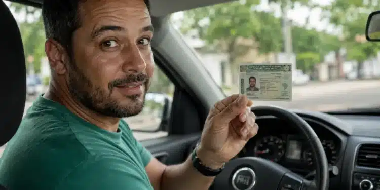 Motorista brasileiro mostrando a CNH dentro do carro, representando a satisfação com a renovação automática da carteira de motorista