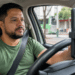 Motorista de aplicativo brasileiro dentro do carro utilizando smartphone no painel durante o trabalho.