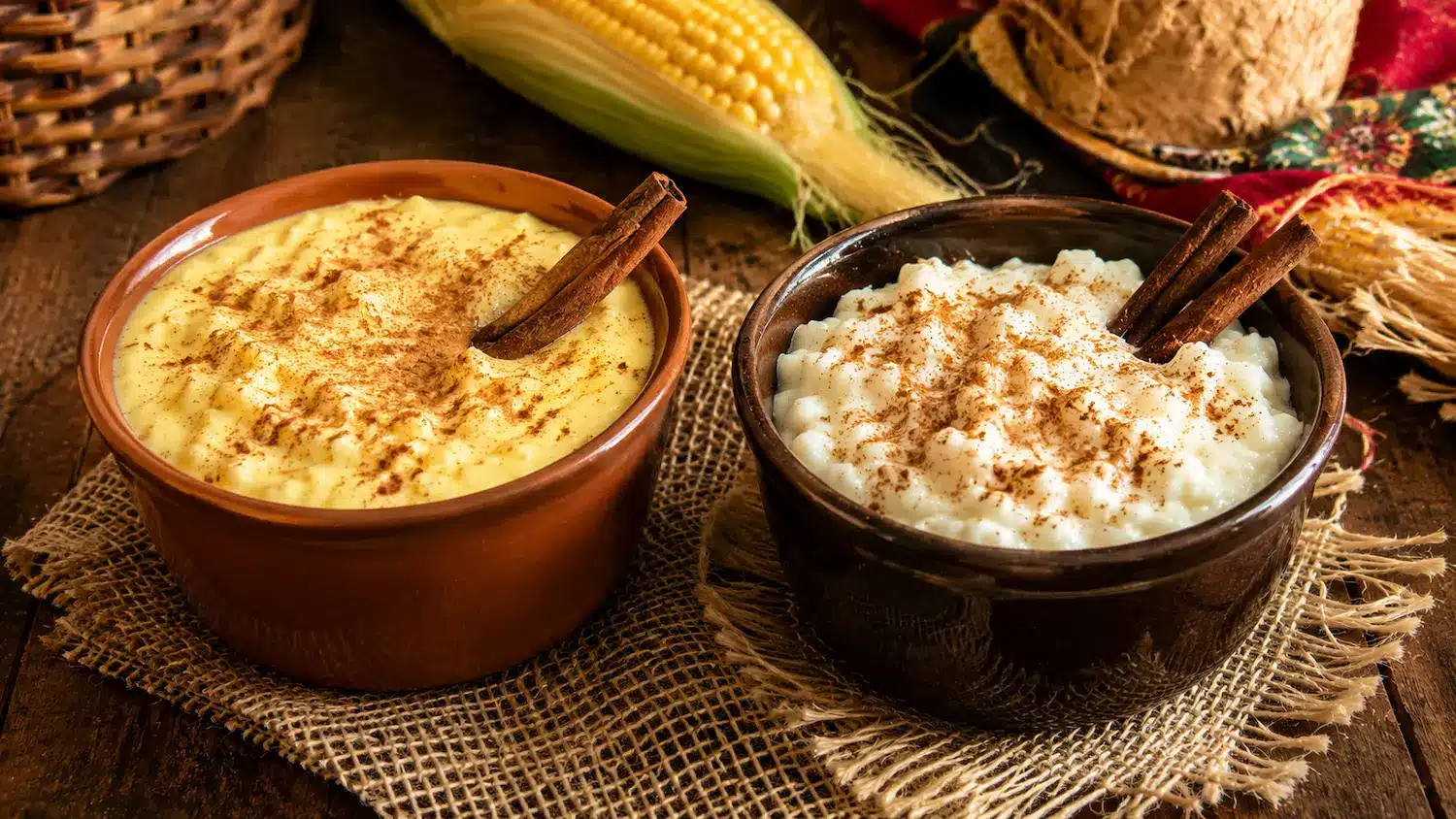 Canjica e mungunzá entre os doces tradicionais das festas juninas Tigelas de canjica e mungunzá servidas lado a lado com canela, representando doces típicos das festas juninas feitos à base de milho.