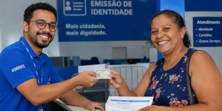 Atendente entregando nova Carteira de Identidade à cidadã, representando o mutirão de emissão de documento nos dias 26 e 27 de junho