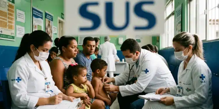 Profissionais de saúde do SUS atendendo pacientes durante mutirão, representando ação com foco em mais de 13 mil atendimentos em junho