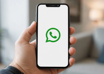 Pessoa segurando smartphone com tela do WhatsApp aberta para criação e reserva de nome de usuário.