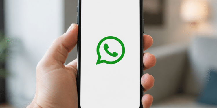 Pessoa segurando smartphone com tela do WhatsApp aberta para criação e reserva de nome de usuário.