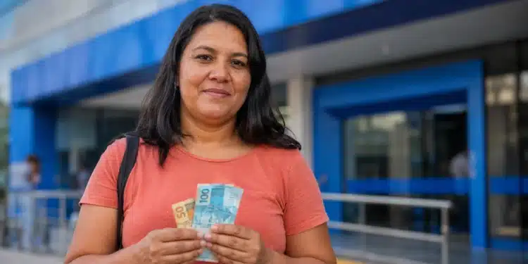 Mulher segura cédulas de real em frente a uma agência bancária azul, representando a nova liberação do saque-aniversário do FGTS.