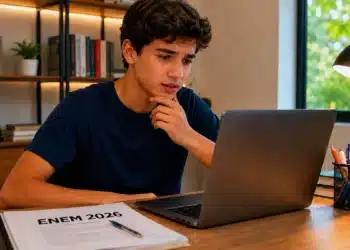 Estudante consultando no notebook os novos prazos do cronograma do Enem 2026