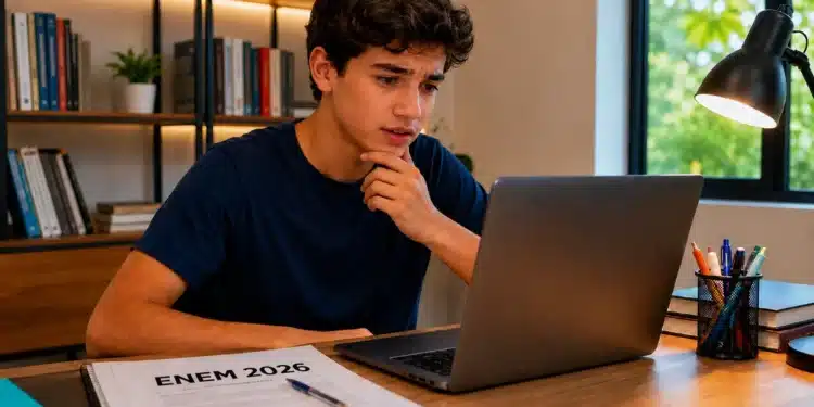 Estudante consultando no notebook os novos prazos do cronograma do Enem 2026