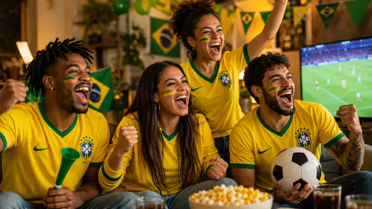 Copa do Mundo 2026 - Oitavas de final Torcedores brasileiros comemoram em casa enquanto acompanham o jogo da Seleção na Copa do Mundo 2026