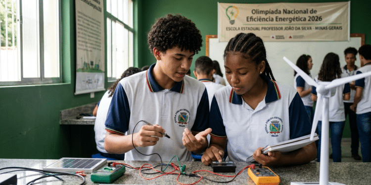 Dois estudantes de escola estadual de MG analisam painel solar com multímetros na Olimpíada de Eficiência Energética 2026.