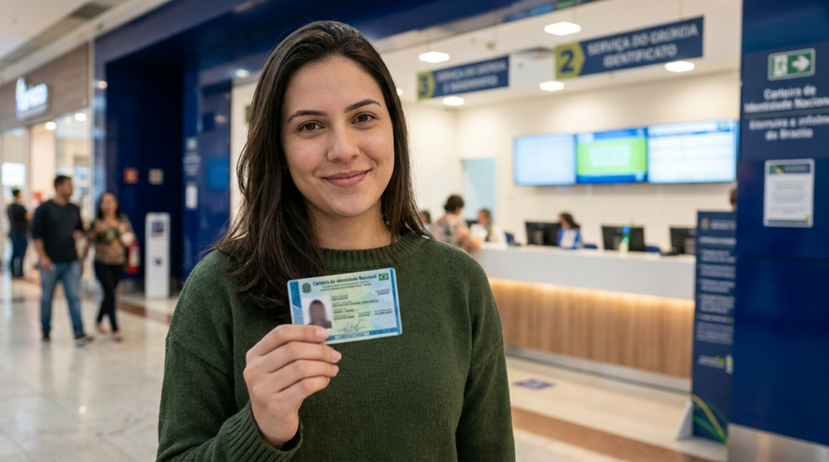 Mulher mostra a nova Carteira de Identidade em frente a um posto de identificação
