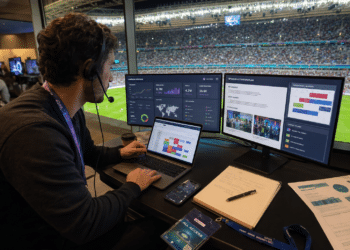 Profissional de marketing esportivo trabalha em telas de campanha durante jogo de futebol.