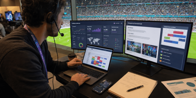 Profissional de marketing esportivo trabalha em telas de campanha durante jogo de futebol.