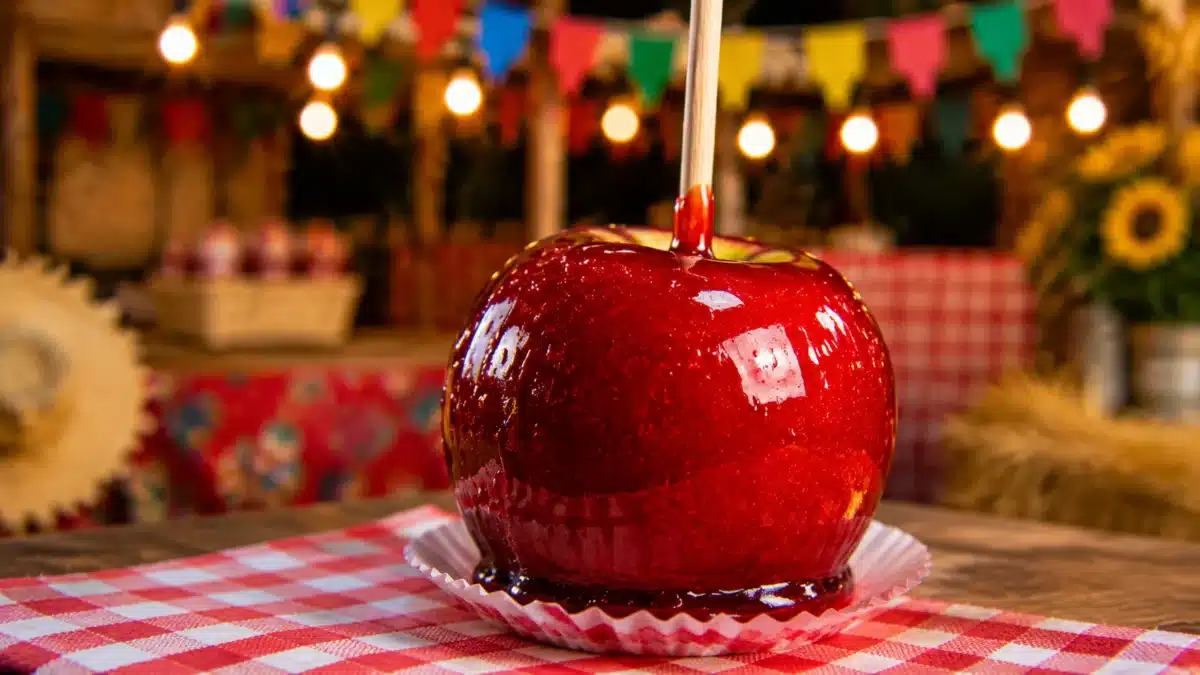 Maçã do amor - Origem e tradição nas festas juninas Maçã do amor brilhante em destaque em barraca de festa junina, representando o plural correto do doce típico