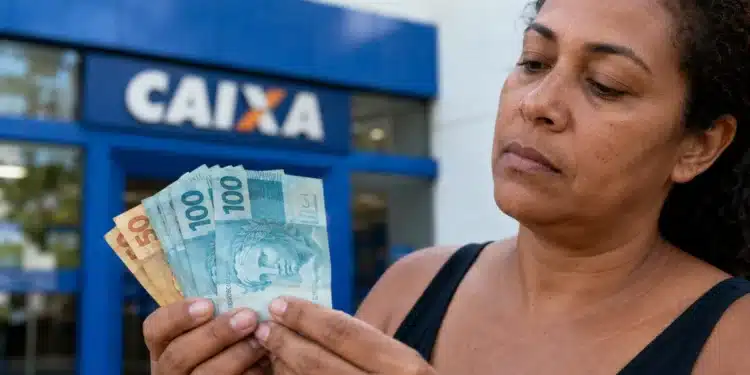 Mulher segura notas de real em frente a uma agência da Caixa, em referência ao pagamento do Bolsa Família de R$ 1.000 nesta quinta-feira (25).