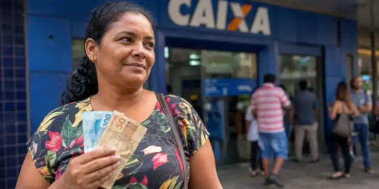 Mulher brasileira em frente a uma agência bancária da Caixa segurando dinheiro, representando o pagamento do Bolsa Família em junho.