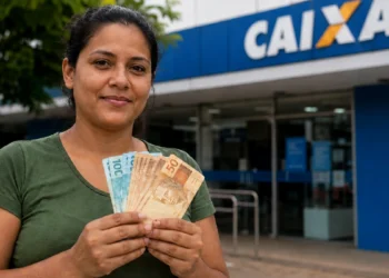 Mulher segura cédulas de real em frente a uma agência bancária da Caixa, representando o pagamento do Bolsa Família de junho de 2026.