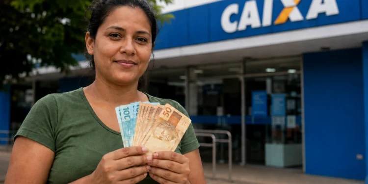 Mulher segura cédulas de real em frente a uma agência bancária da Caixa, representando o pagamento do Bolsa Família de junho de 2026.