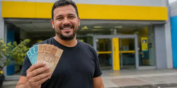 Homem sorridente segura cédulas de reais em frente a uma agência bancária amarela, representando o pagamento de até R$ 4.251 pela Caixa e pelo Banco do Brasil.