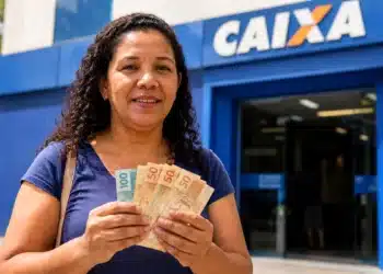 Mulher exibe cédulas de dinheiro em frente à agência da Caixa, representando a confirmação de pagamento de benefício no valor de R$ 6.220.