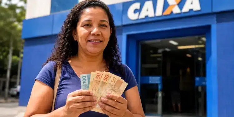 Mulher exibe cédulas de dinheiro em frente à agência da Caixa, representando a confirmação de pagamento de benefício no valor de R$ 6.220.