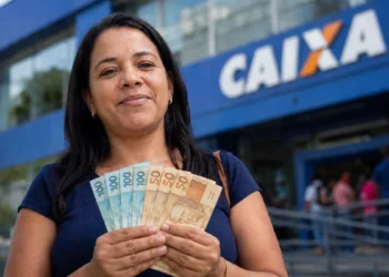 Mulher segura notas de real em frente a uma agência da Caixa, representando a confirmação do pagamento de R$ 800.
