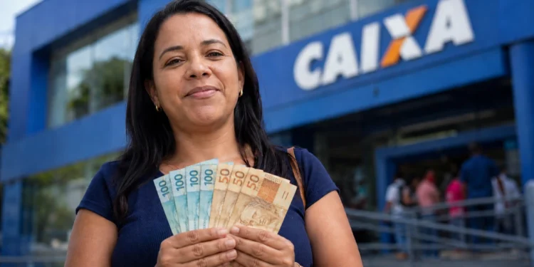 Mulher segura notas de real em frente a uma agência da Caixa, representando a confirmação do pagamento de R$ 800.